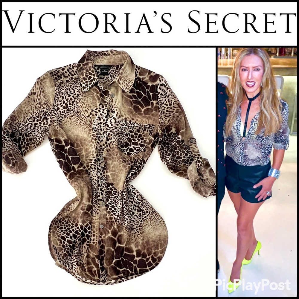 Victoria's Secret Sheer Leoaprd Giraffe Tiger Print Button Down SHEER Blouse EUC